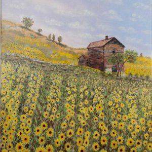 A sweeping field of sunflowers stretching towards the horizon, with a rustic old barn nestled in the background, evoking a sense of nostalgic charm