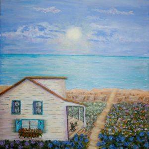 Idyllic beach scene featuring a quaint cottage nestled among a beautiful garden and golden sands against a backdrop of azure waters, Beach Cottage Summer