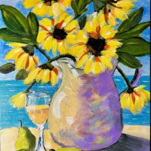 Vibrant sunflowers bursting from a colorful vase, capturing the warmth and beauty of a sunlit afternoon