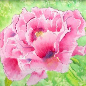 Delicate pink peony captured in a luminous watercolor painting, showcasing its intricate petals and soft hues with exquisite detail