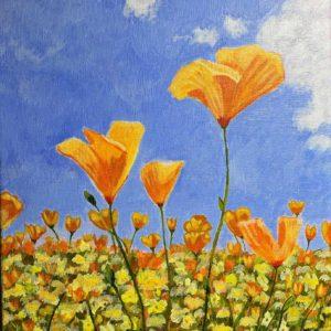 Vivid orange poppies stand out against a serene blue sky in a captivating painting, capturing the vibrancy and beauty of nature