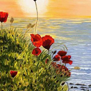 Radiant red poppies bloom against a mesmerizing golden sunrise, evoking the tranquility and splendor of dawn's embrace