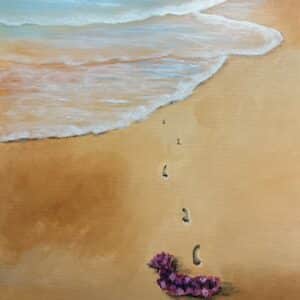 Timeless Painting, Tranquil beach scene with gentle waves lapping the shore and footprints in the sand.